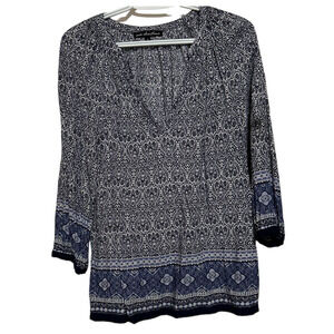 Ava Christine Women's Blue White Long‎ Sleeve V-Neck Blouse Size M